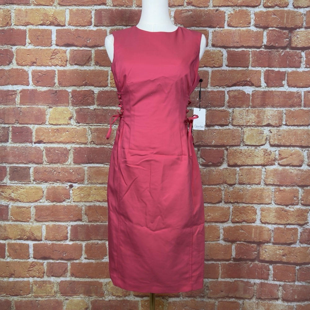 Calvin‎ Klein Sheath Dress Size 4 Pink Coral Side Lace Up Compression Cotton NWT